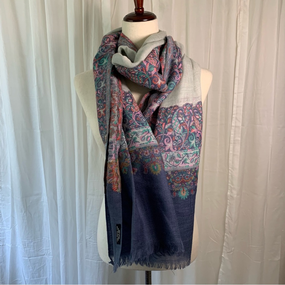 Unbranded 100% Wool Floral Embroidered Scarf Blue Pink‎ Green Gray Red
